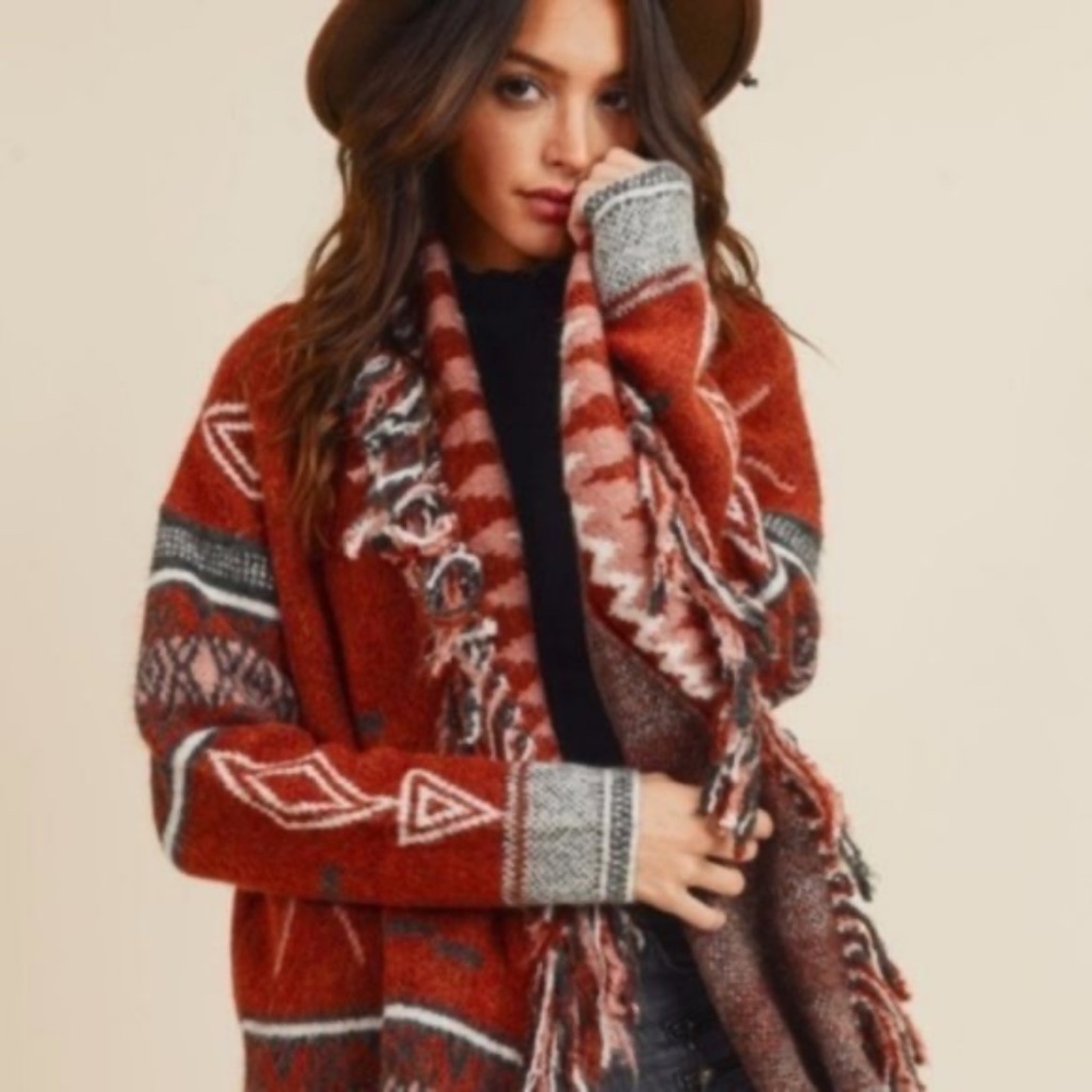 Cozy Cinnamon Red Tribal Print Fringe Open Front Cardigan - Picture 1 of 10
